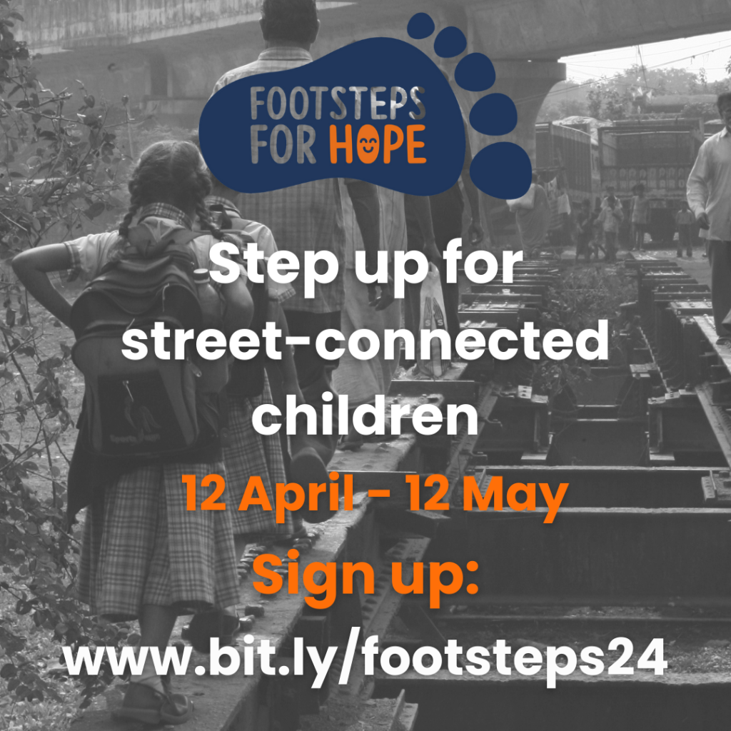 Image of children in Kolkata walking on train tracks. Text reads, step up for street-connected children, 12 April - 12 May. Sign up